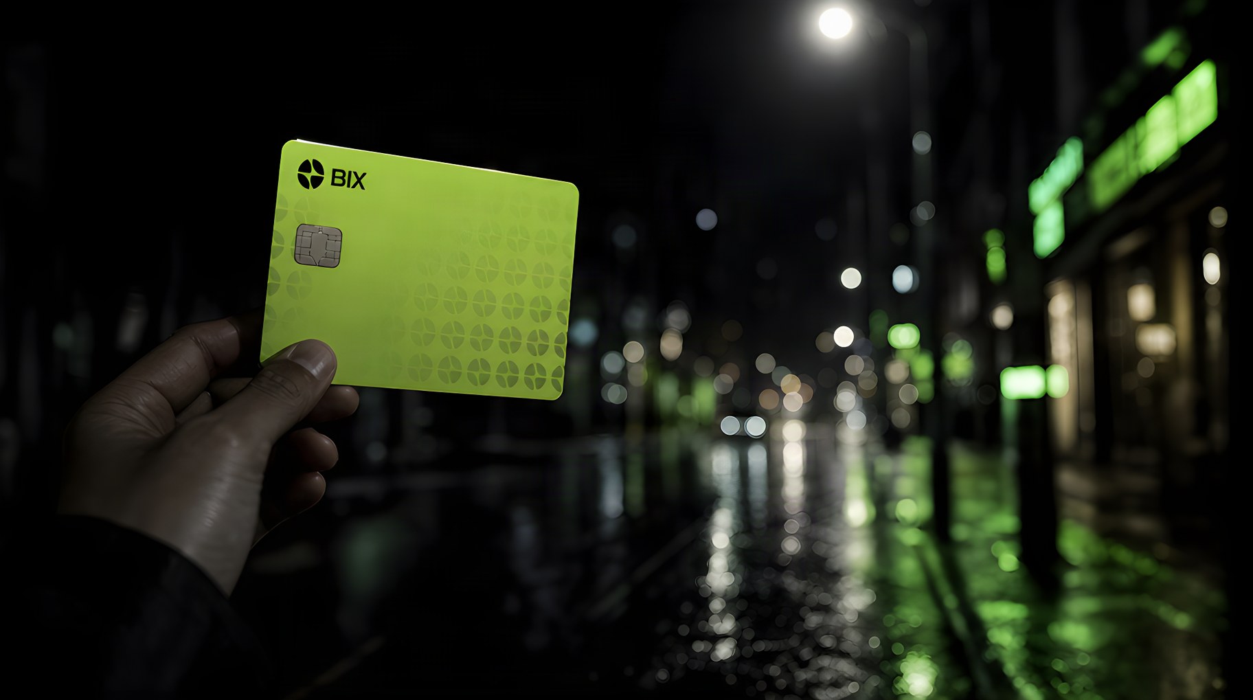 BIX Card in der Hand — die neongrüne Krypto-Karte aus dem mySonic Erfahrungsbericht vor einer regennassen Nachtstraße