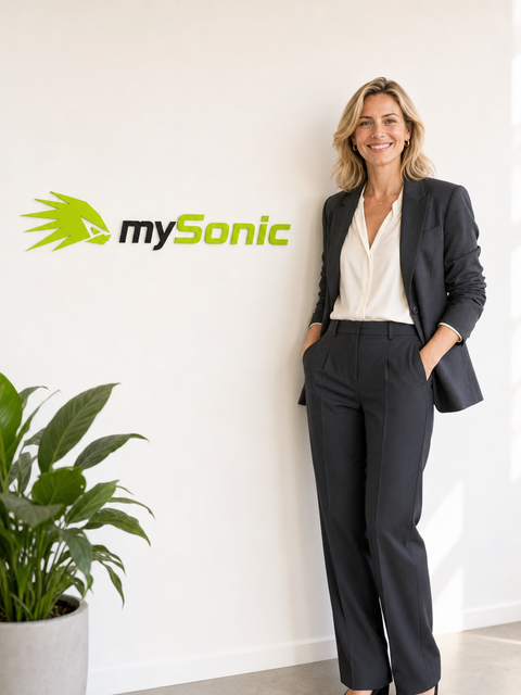 Laura aus der mySonic Community vor dem mySonic-Logo